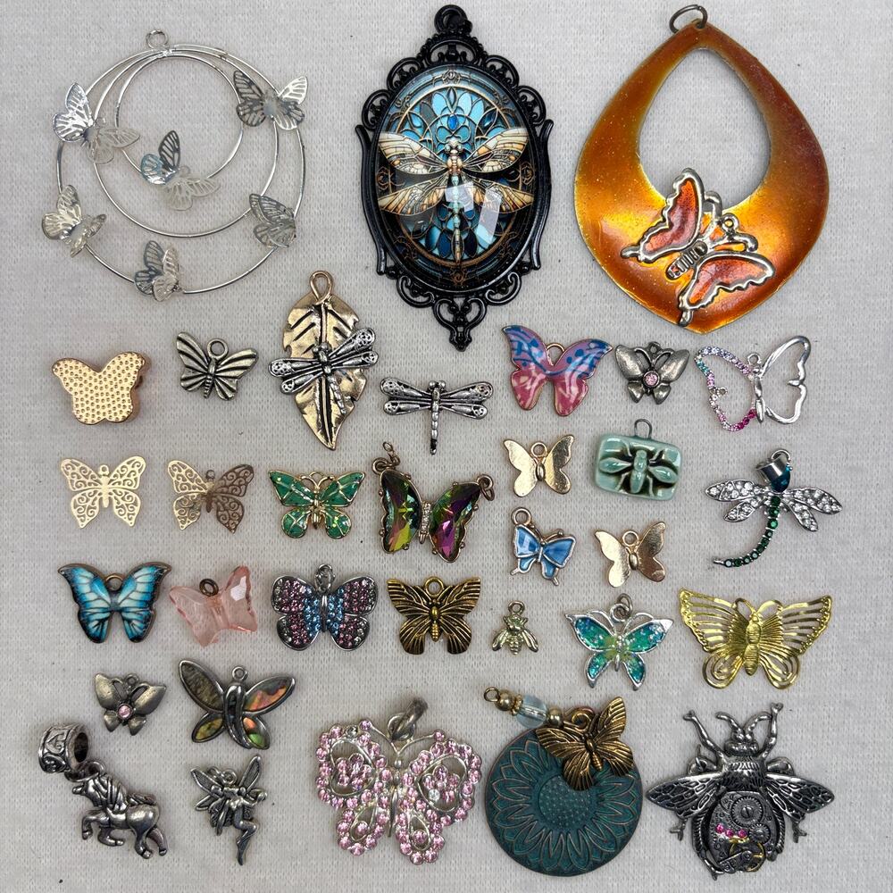 Butterfly & Dragonfly Craft Jewelry Lot - 33 Pendants & Charms